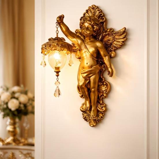 Resin Vintage Vegglampe Liten Vinget Engel/Jesus/Jomfru Maria Veggapplikasjon Middelaldersk Gotisk LED Veggdekor for Soverom Stue Gang