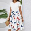 Women's Casual Fashion Belted Floral Printed Short Sleeve Round Neck Elegant Flowing Dress