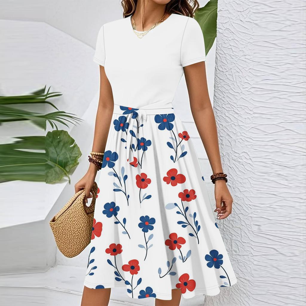 Women's Casual Fashion Belted Floral Printed Short Sleeve Round Neck Elegant Flowing Dress