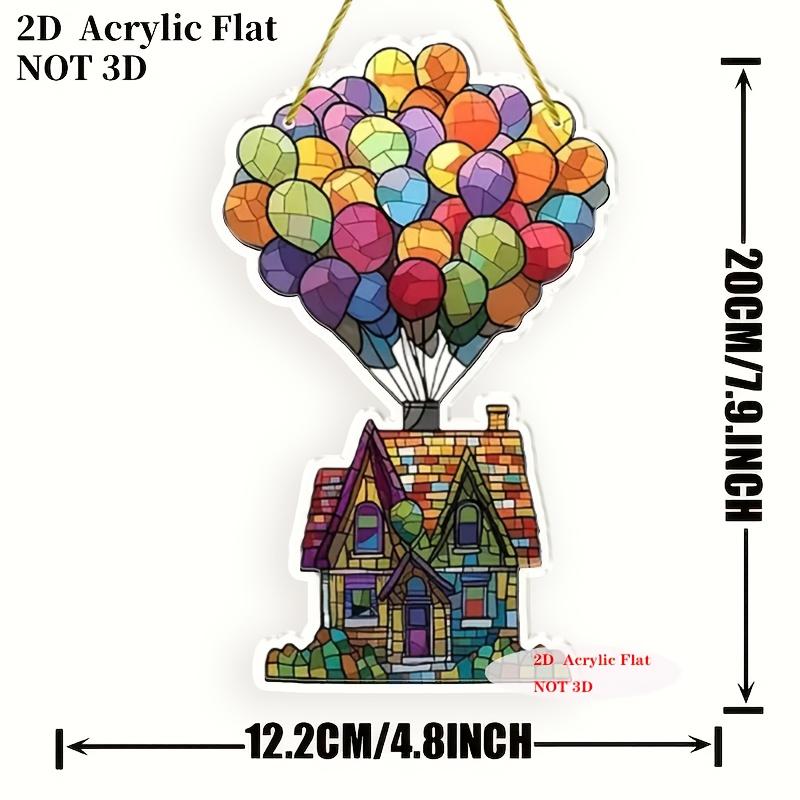 2D Flat Glass-Style Colorful Acrylic Hot Air Balloon and House Desktop Decoration, Suitable for wall Decoration, porch, Room, Villa, accents Home, Hal