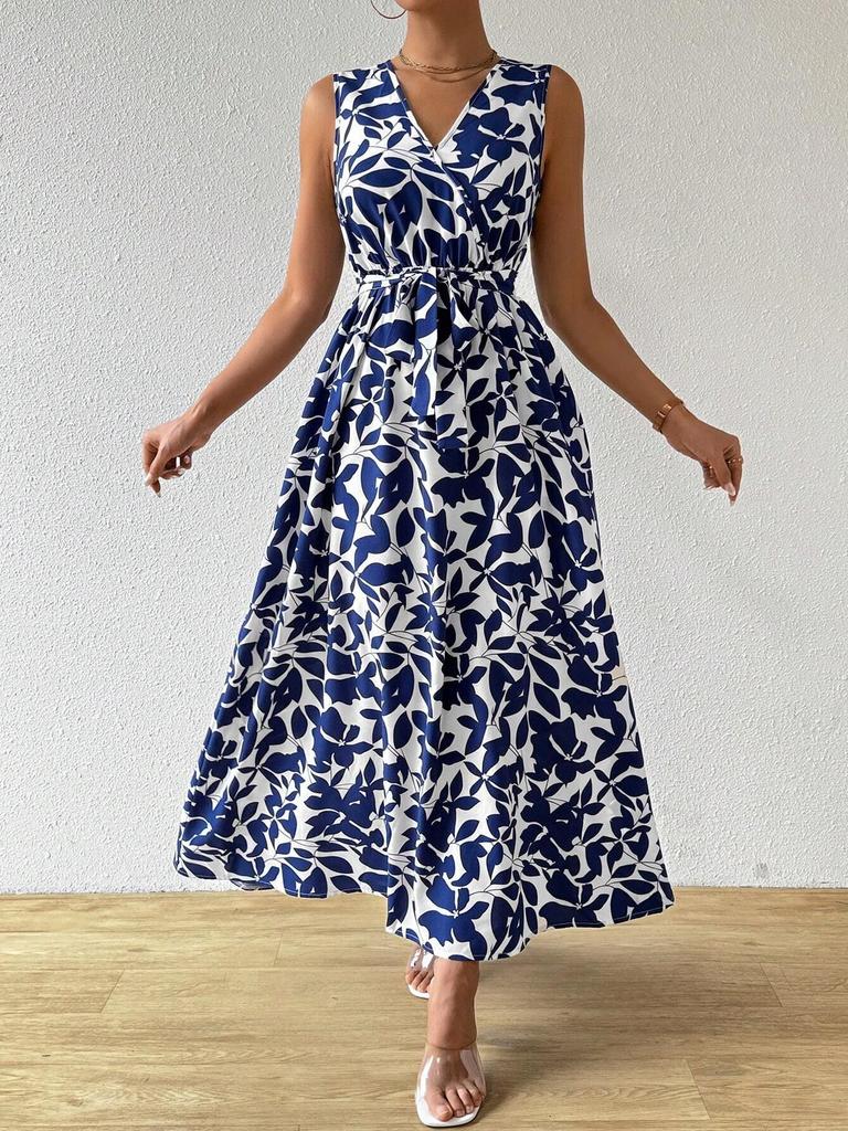 Elegant Women French Vacation Style Print V Neck Tie Maxi Dress Mature Style French Retro Patchwork Slim Sexy Elegant Women Maxi Dress