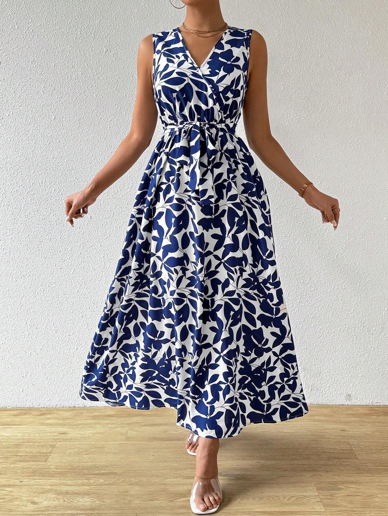 Elegant Women French Vacation Style Print V Neck Tie Maxi Dress Mature Style French Retro Patchwork Slim Sexy Elegant Women Maxi Dress S синий