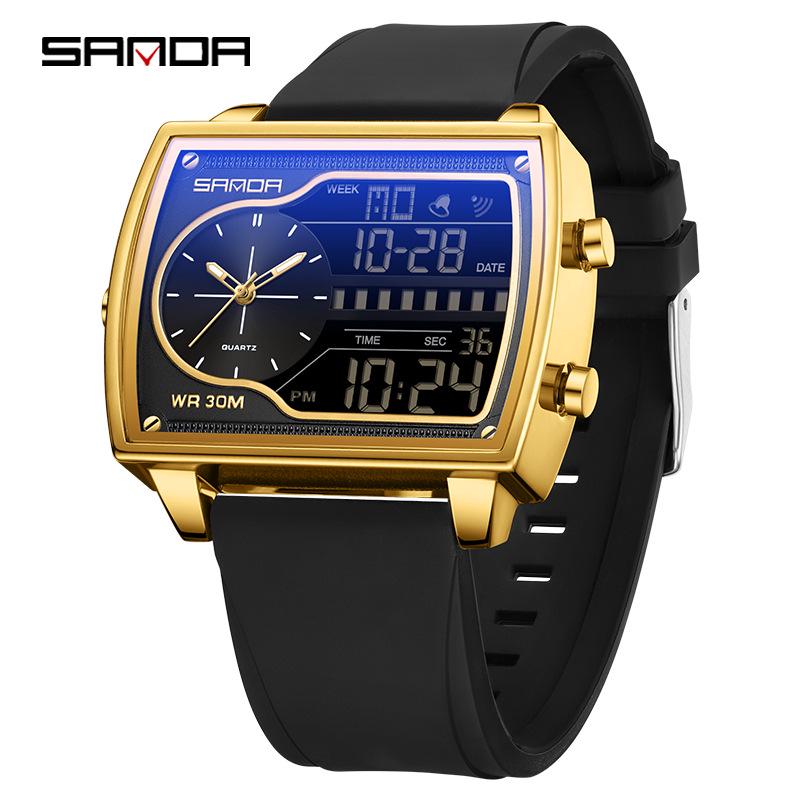 שעון ספורט רב-תכליתי עמיד למים לגברים מבית Sanda עם תצוגה כפולה מסוגננת.