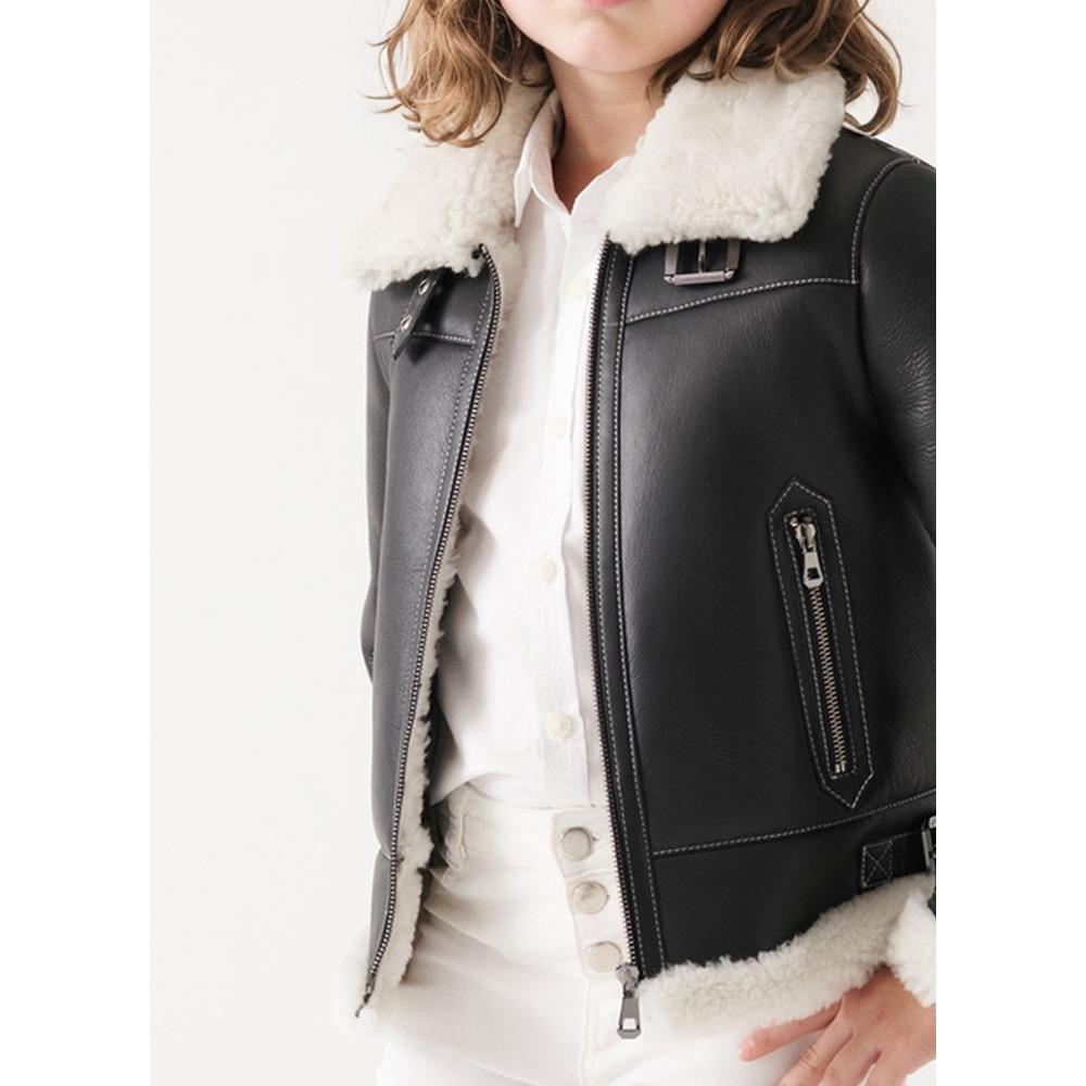 Kids Boys and Girls Autumn and Winter Fleece PU Leather Turn-down Collar Solid Color Zip Jacket