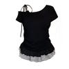 Summer Korean version irregular slanted shoulder splicing lace plaid hem top fashionable sweet and versatile waist short-sleeved women