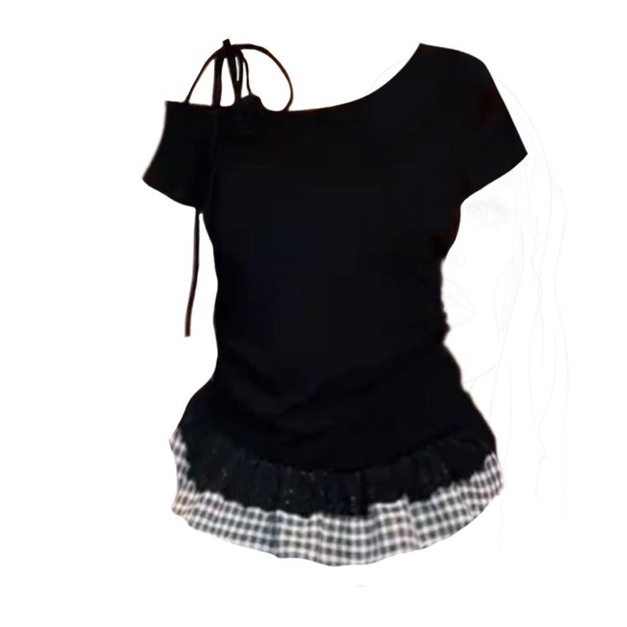 Summer Korean version irregular slanted shoulder splicing lace plaid hem top fashionable sweet and versatile waist short-sleeved women
