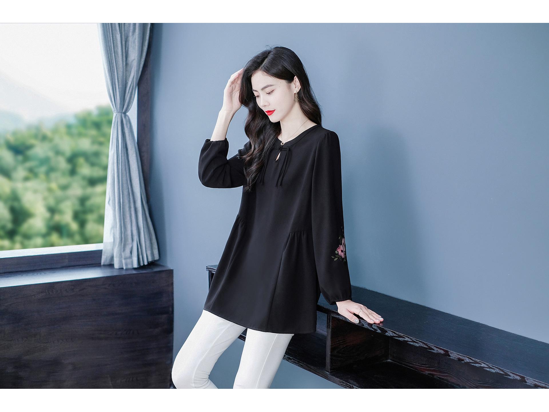 

Топ з вишивкою з довгим рукавом та круглим вирізом великого розміру для осені/зими - Для жінок середнього та похилого віку 6XL чорний