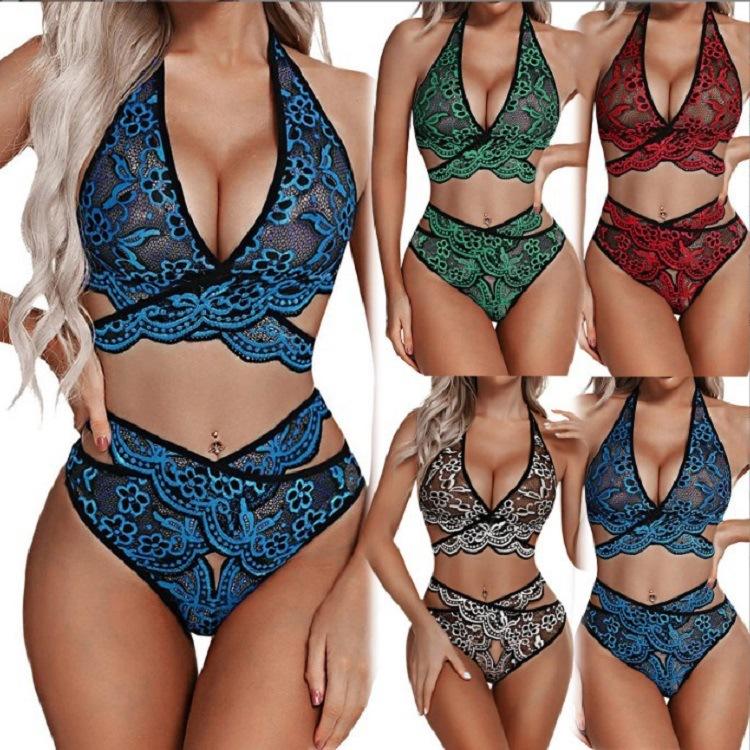 Nuovi set di biancheria intima sexy in prospettiva di chiusura divisa in pizzo con ricamo a rete
