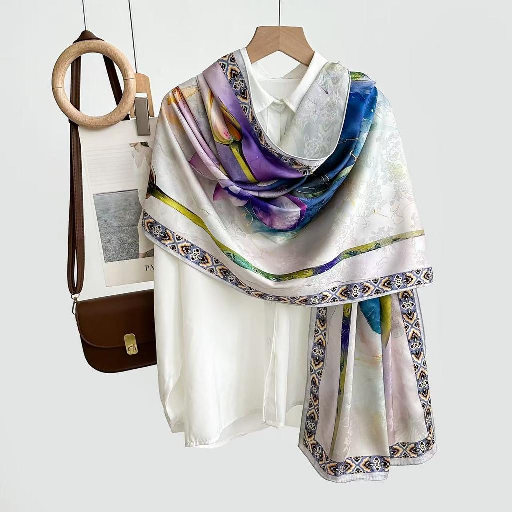 Guofeng Dragon Scale Pattern Turtle Crack Double-Sided Large Square Towel [180 * 70] Fashionable Versatile Silk Square Towel