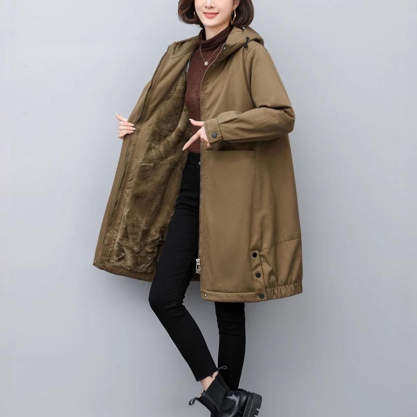 Women's 2024 Winter Fleece-Lined Hooded Parka: Loose Mid-Length Thickened Workwear Cotton Coat