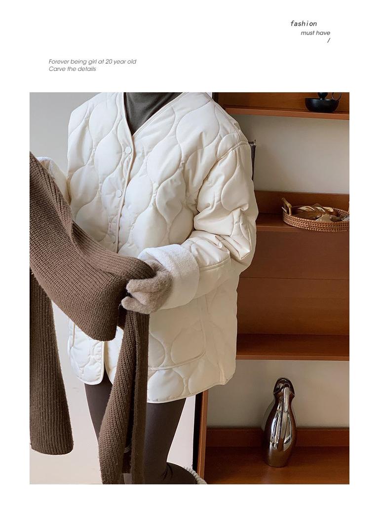 Bomullsjacka för dam i koreansk stil med diamantmönster, kraglös - Kort, sömlös, lättviktig för höst & vinter