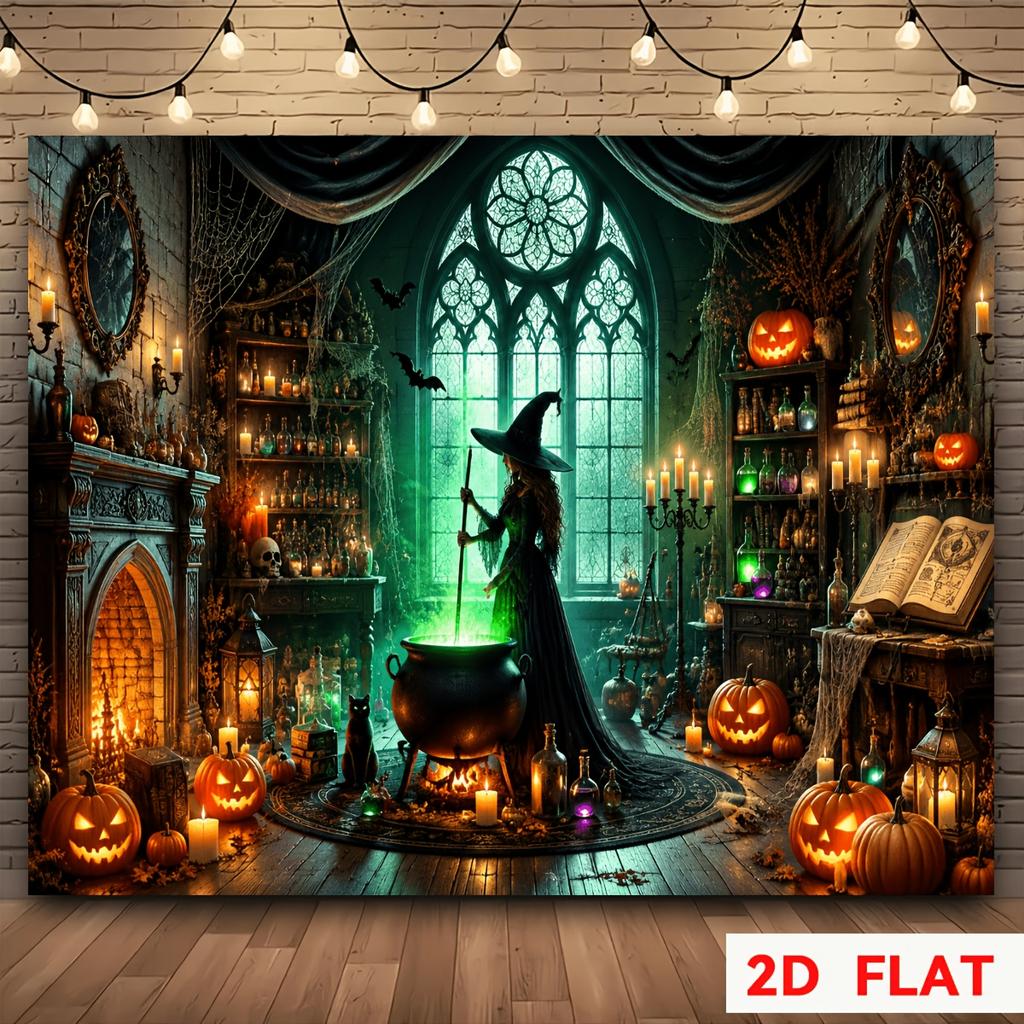 One 2D Halloween Witch-themed Banner Background In Gothic Style, Depicting a Magical House Scene, Suitable for Party Decoration.