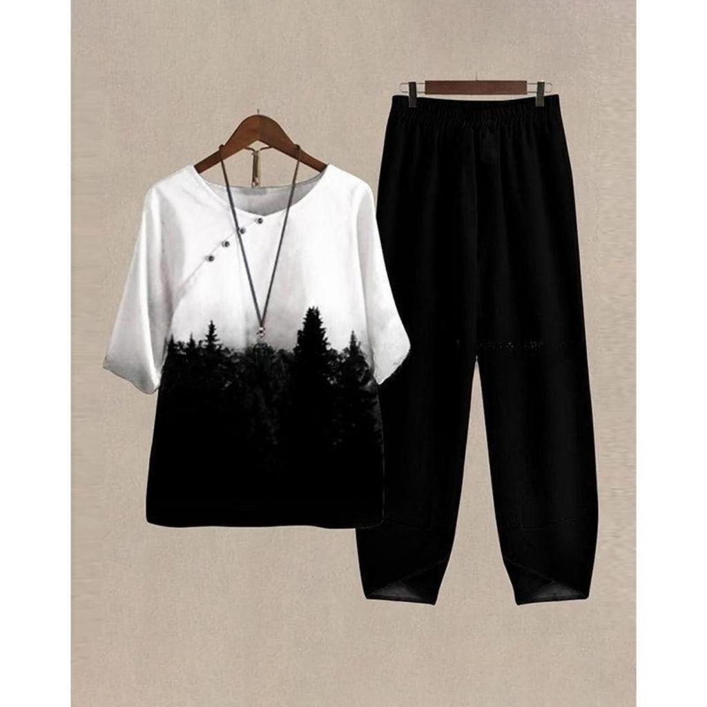 Women's Loose Fit Floral Printed Two Piece Outfit Half Sleeve T-Shirt Elastic Waist Pantsuit