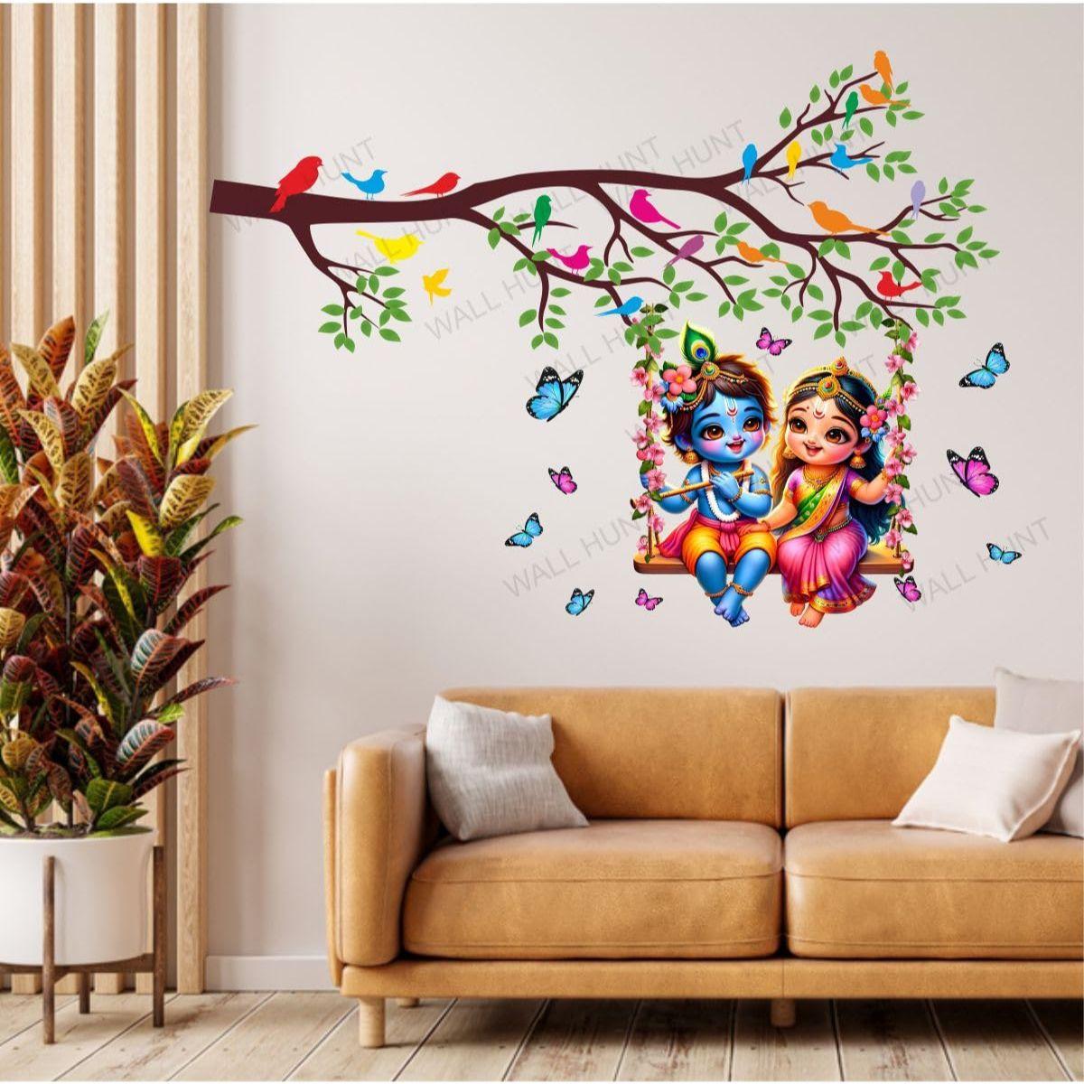 WallHunt ПВХ Виниловая Наклейка на Стену Дерево и Ветка с Цветами Листья Радха Кришна Самоклеящаяся Наклейка для Декора/Украшения Дома