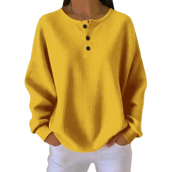 

Women Tops Crew Neck Buttons Decor Long Sleeve Pullover Tops Solid Color Waffle Weave Textured Blouse Daily Wear L
