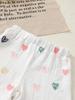 2 Stück Baby Mädchen Kleidung Outfit Herz Muster Rüschenärmel Oberteil Shorts Set Schleife Dekor für 0-18 Monate Kleinkind Süß Lässig Kleidung