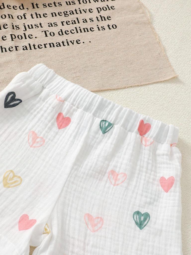 2 Stück Baby Mädchen Kleidung Outfit Herz Muster Rüschenärmel Oberteil Shorts Set Schleife Dekor für 0-18 Monate Kleinkind Süß Lässig Kleidung