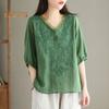 Women Summer Tops V-neck Half Sleeve Embroidery Pattern Pullover Tops Solid Color Loose Fit Commuting Style Tops