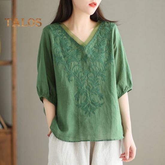 Women Summer Tops V-neck Half Sleeve Embroidery Pattern Pullover Tops Solid Color Loose Fit Commuting Style Tops