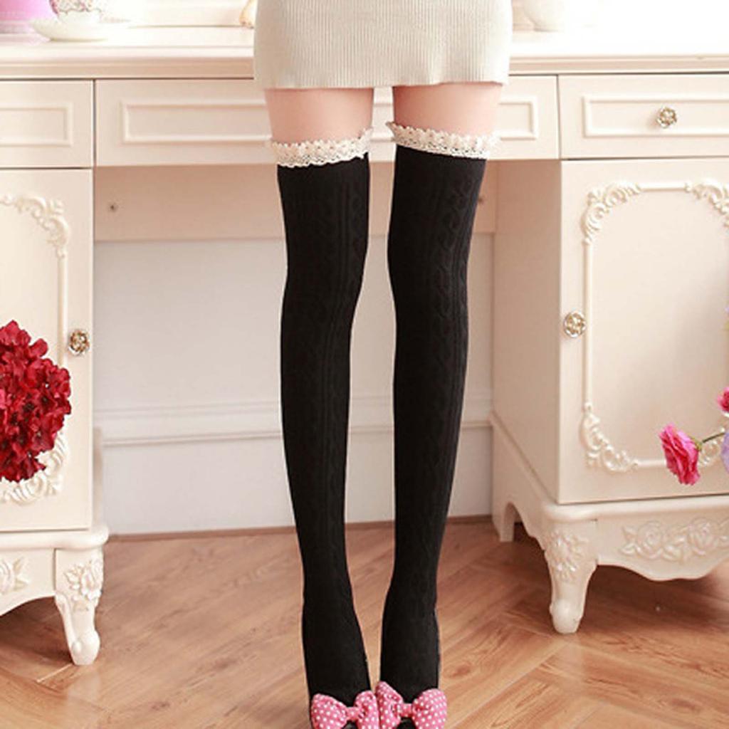Women's Thick Knit Over Knee Socks Cotton Thermal Thigh High Long Socks with Lace Trim Stretchy Warm Legwear for Winter and Casual Wear