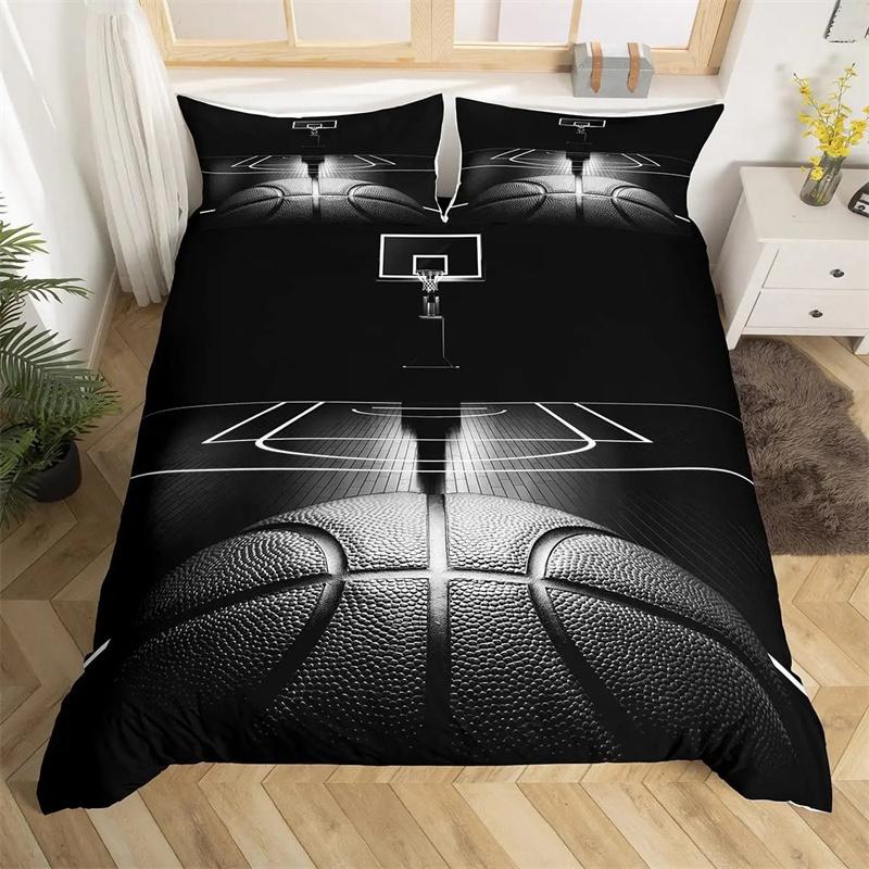 Basketball Duvet Cover Black Gold Bedding Set Black and Golden Basketball Court Design Comforter Cover Sports Games Quilt Cover