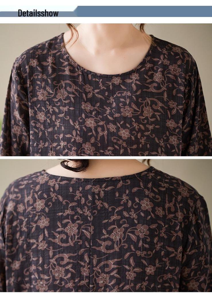 Plus Size Holiday Dress: Cotton & Linen Print, Round Neck, Loose Fit, Long Sleeve