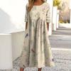 Light Gray Yellow Flower Printed Cotton and Linen Long Dress Round Neck Seven-quarter Sleeve Belly Cover Lazy Versatile Seaside Vacation Pocket Dress