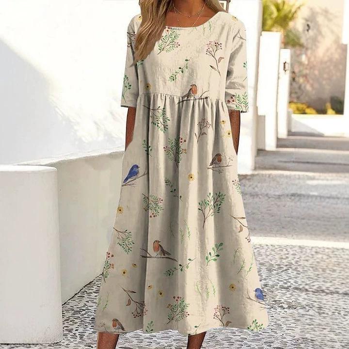 Light Gray Yellow Flower Printed Cotton and Linen Long Dress Round Neck Seven-quarter Sleeve Belly Cover Lazy Versatile Seaside Vacation Pocket Dress