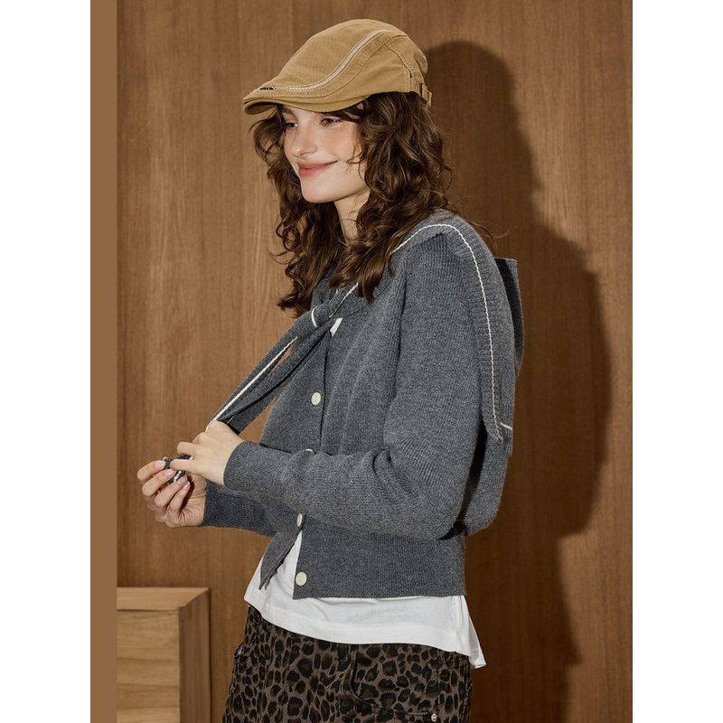 Coolhut Navy Collar Shawl Gray Sweater Autumn and Winter New Style Contrasting Color Lapel Knitted Cardigan Women's Slimming Sweater