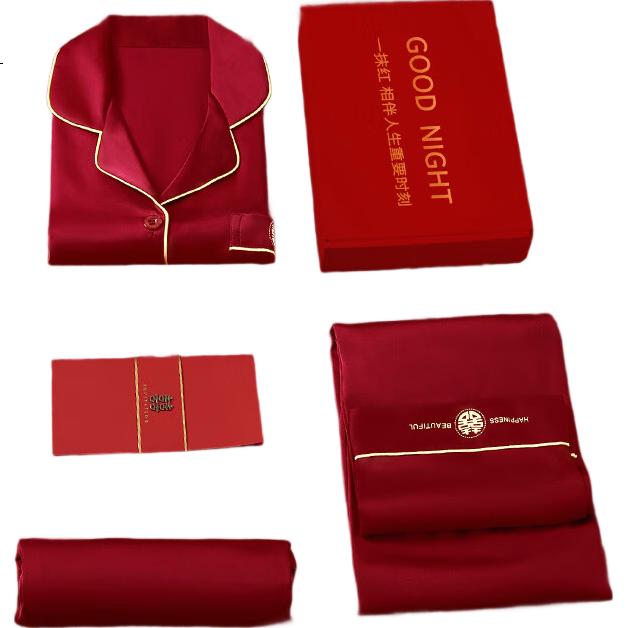 LangSha Double Happiness Couple's Pajamas, Wedding Gift, New Marriage, Red Color, Zodiac Year, Long-Sleeve Top And Pants, Home Wear Set, Gift Box