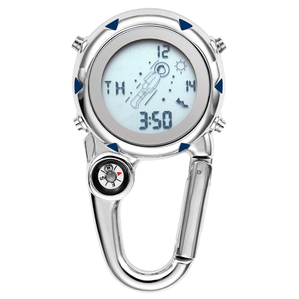 Lancardo Pocket Watch Carabiner Watch LED Number Compass Electronic Day of the Week Calendar Alarm Clock Waterproof Alien Face Keychain Watch Clip