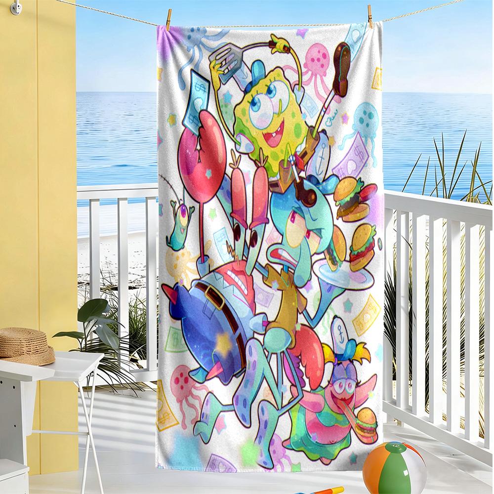 Spongebob Squarepants vibrant beach towel Foldable Couple beach towel, family beach towel set Vibrant Pattern Gift for Festivals