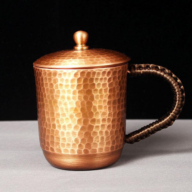 Handcrafted Pure Copper Beer Coffee Mug With lid Retro Hammer Weave Handle Thickened Hammer 350 ml Breakfast Cup Drinkware