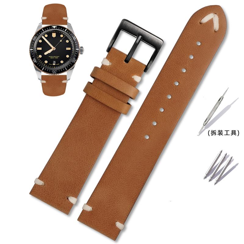 For Oris 65 Genuine Leather Strap Diving Belt Series Copper Ring Bronze Large Crown Tudor Vintage Watch Chain 18mm 20mm 22mm
