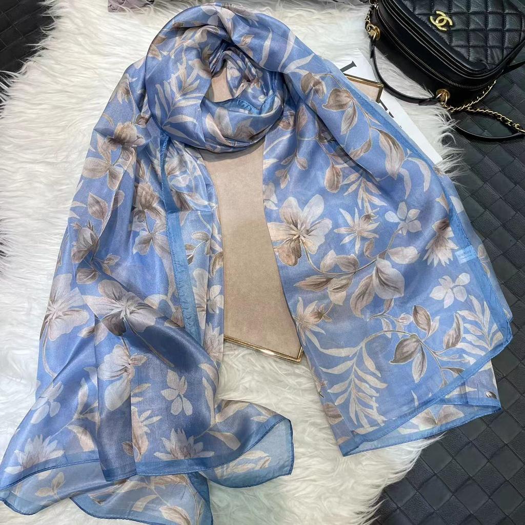Yellow 100% Silk Long Scarf Hijab Female Summer Jungle Design Beach Shawls Fall Winter Mulberry Silk Scarfs Blue,Sky Blue