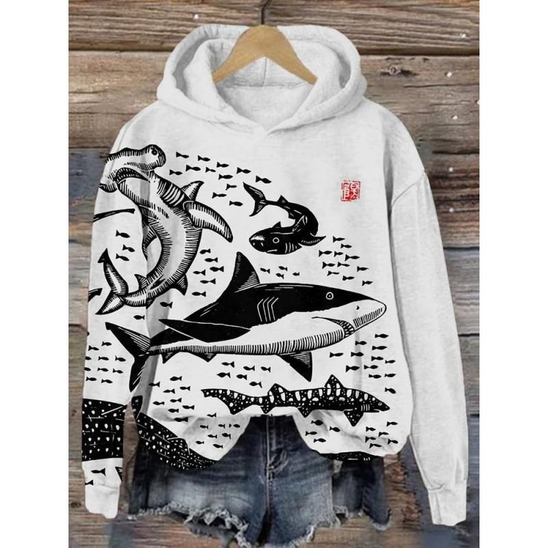 Womens 3D Printed Hooded Long Sleeve Sweatshirt Whale Shark Ocean Loose Fit Casual Top 2026 Fall Winter
