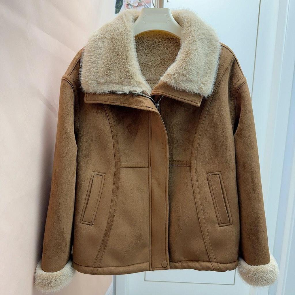 New Autumn/Winter Shearling Collar Velvet-Lined Leather Jacket