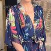 Women Dress Multi-layered Hem Lace-up Slim Waist Colorful Printing Maxi Dress Mid Sleeve V Neck Vacation Party Dress