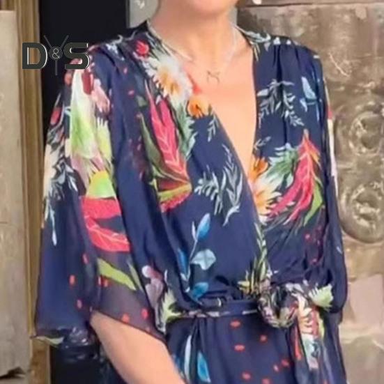 Women Dress Multi-layered Hem Lace-up Slim Waist Colorful Printing Maxi Dress Mid Sleeve V Neck Vacation Party Dress