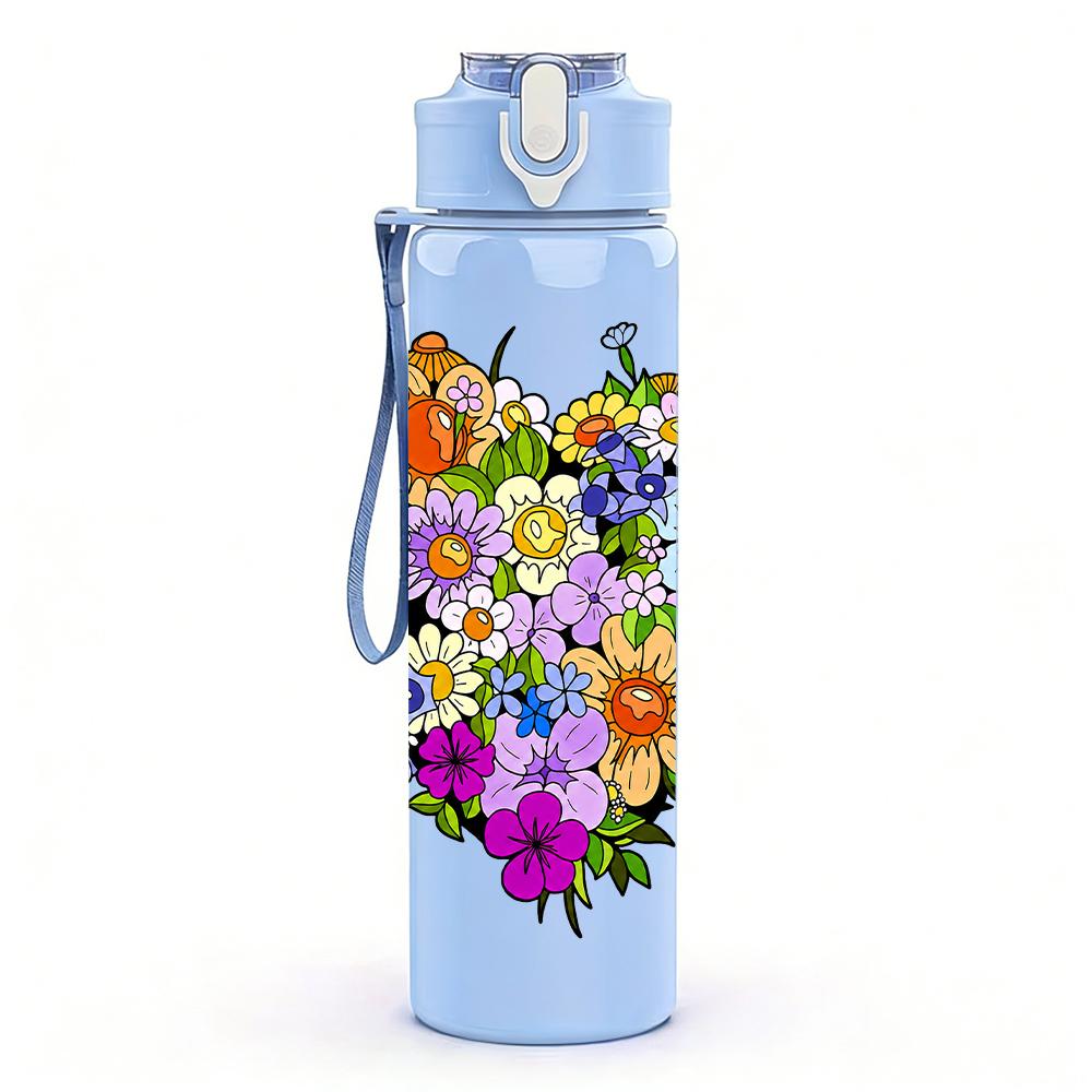 1PC Full Floral Filled Love Heart 750ml Color Plastic Sports Water Bottle Leakproof Flip Straw Lid Suitable for Sports Office Home Use