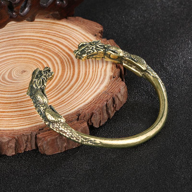 Vintage Distressed Double Dragon Head Round Bar Bangle Chinese Trendy Solid Antique Brass Craft Cuff