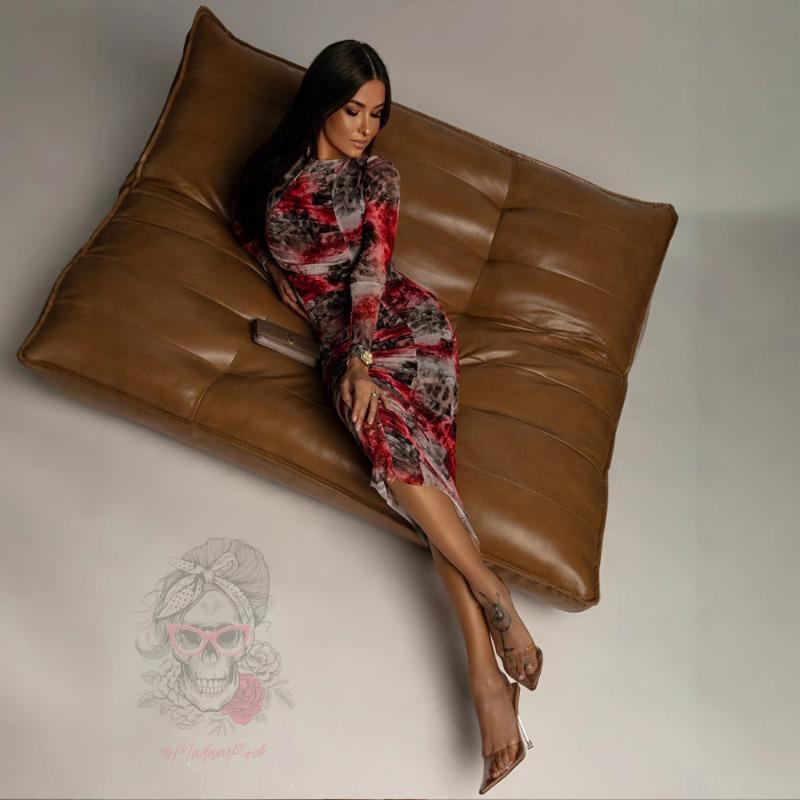 Women's Fashion Print Pleated Sexy Mesh See-through Long Sleeve Slim Dress