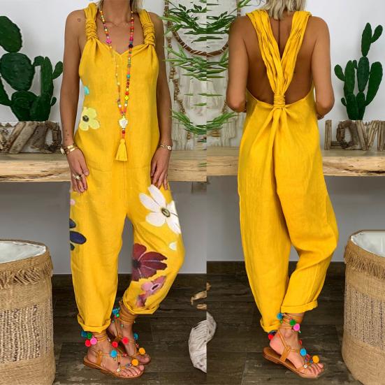 Ogrodniczki damskie bez rękawów, bez pleców, kwiatowy wzór, luźne kombinezony ogrodniczki