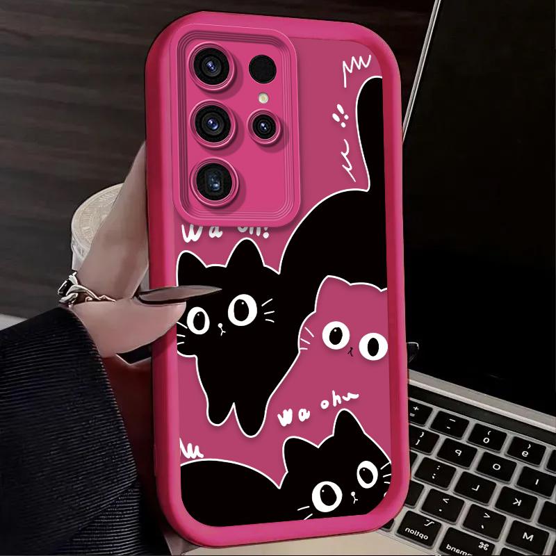 Cute Big Eyed Black Cat Phone Case for Samsung Galaxy S24 S25 S23 Ultra S22 S21 Plus FE A36 A56 A26 A16 A06 A15 A25 A35 A55 5G