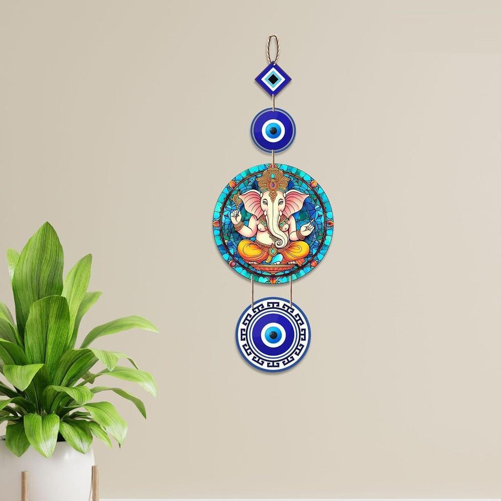 Shri Ganesha with Evil Eye Wooden Wall Hanging For Luck Properity For Home Decoration | Livingroom | Spiritual Decor Items