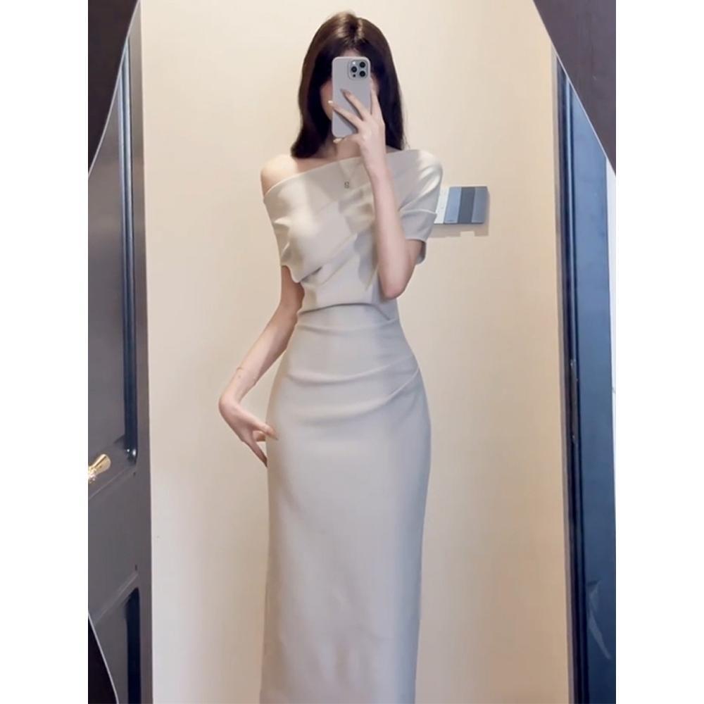 Girl's One-word Shoulder Temperament Slim Waist Hip Dress Women's Casual Style New Summer Niche High-end Dress