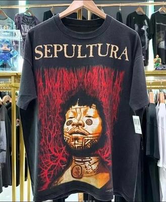 Camiseta Unissex Preta de Manga Curta Estilo Retrô da Banda Sepultura Reimpressão TENDÊNCIA DE 2025 Camiseta Unissex