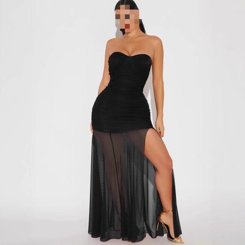 European and American Sexy Mesh Patchwork Slit Strapless Fashionable Slim Fit Dress for Women