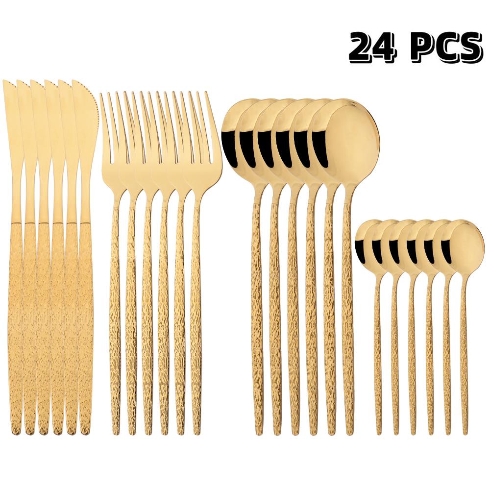 24Pcs Black Western Dinnerware Set Stainless Steel Cutlery Set Fork Steak Knife Spoon Tableware Set Flatware Silverware Set