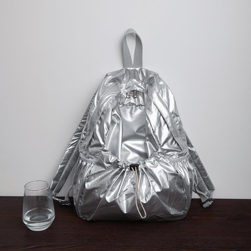 Ielgy Korean Version Drawstring Pleated Silver Backpack Ladies Lightweight Casual Large Capacity Backpack